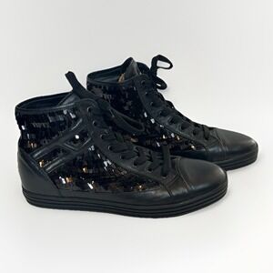 Hogan Rebel Black Metallic Sequin High Top Leather Sneakers Ws Sz 41 US 10.5